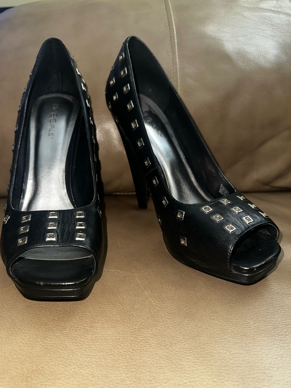 BCBGirls Black Studded Peep-Toe Pumps 8.5 Punk Rock Goth